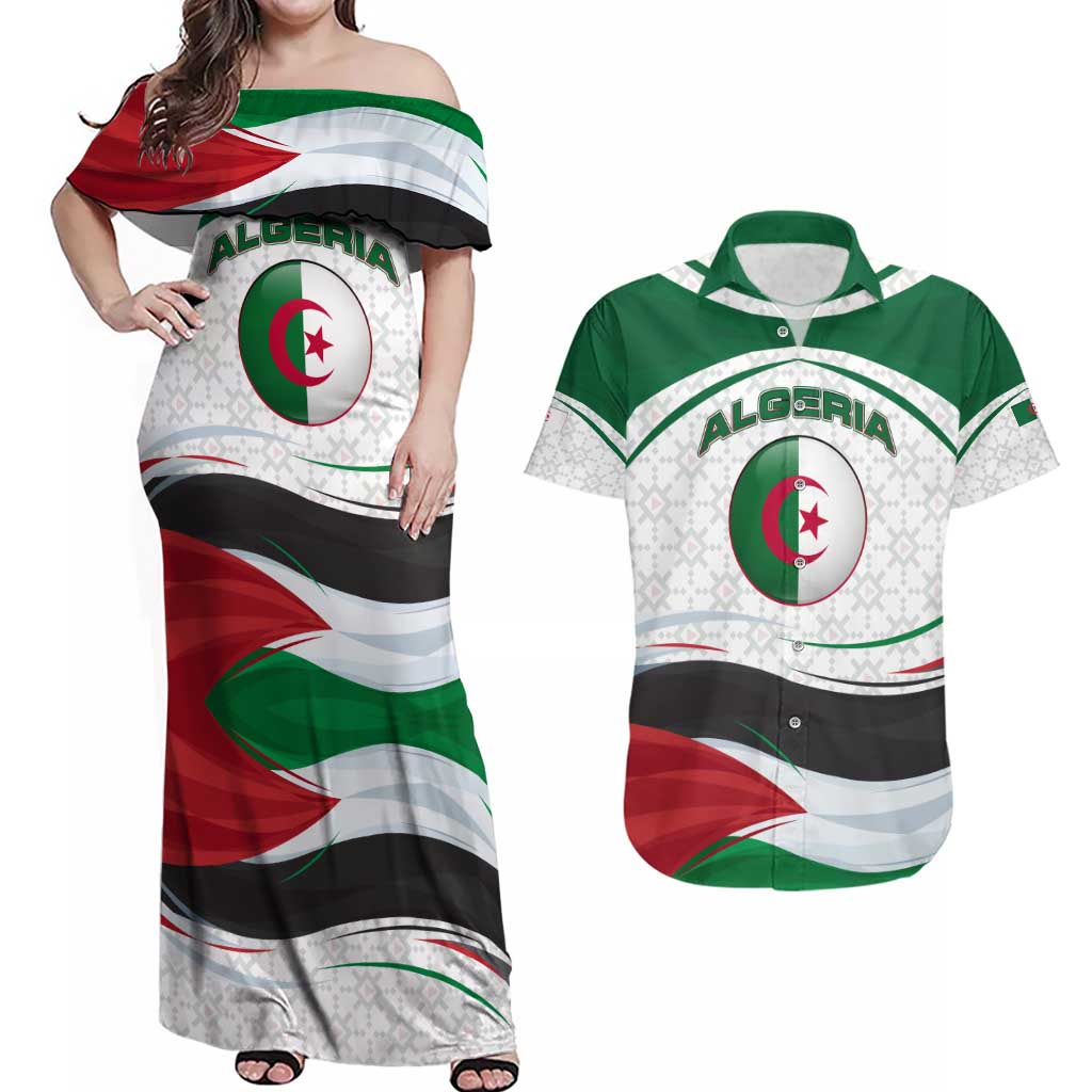 Algeria Couples Matching Off Shoulder Maxi Dress and Hawaiian Shirt with National Flag and Coat of Arms Crest Design