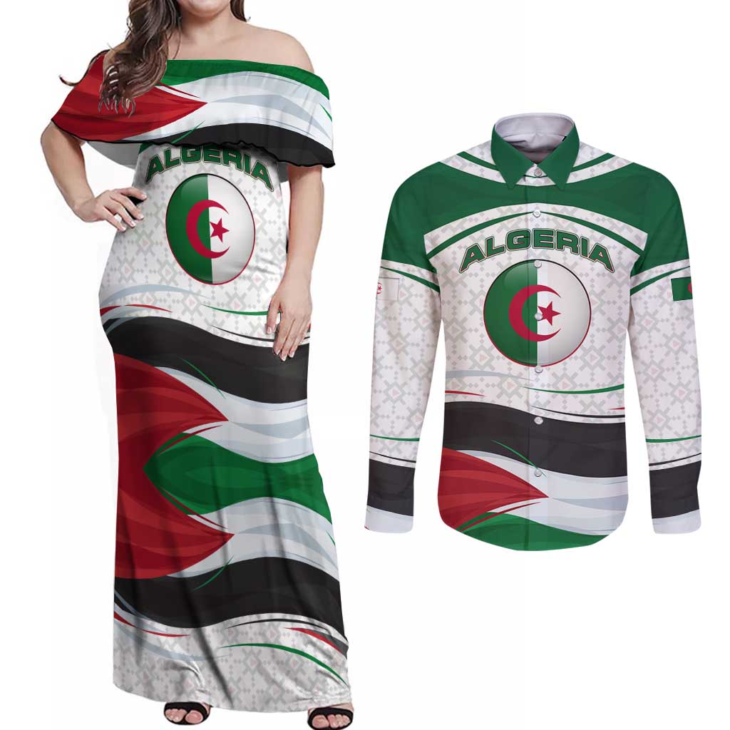 Algeria Couples Matching Off Shoulder Maxi Dress and Long Sleeve Button Shirt with National Flag and Coat of Arms Crest Design