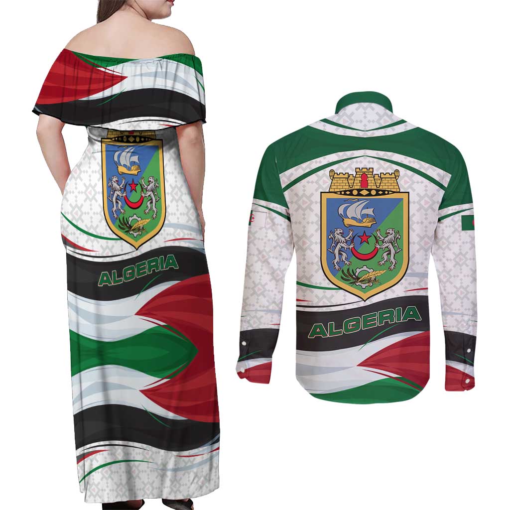 Algeria Couples Matching Off Shoulder Maxi Dress and Long Sleeve Button Shirt with National Flag and Coat of Arms Crest Design