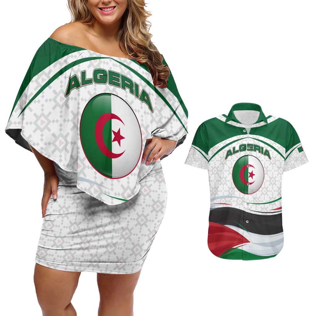 Algeria Couples Matching Off Shoulder Short Dress and Hawaiian Shirt with National Flag and Coat of Arms Crest Design