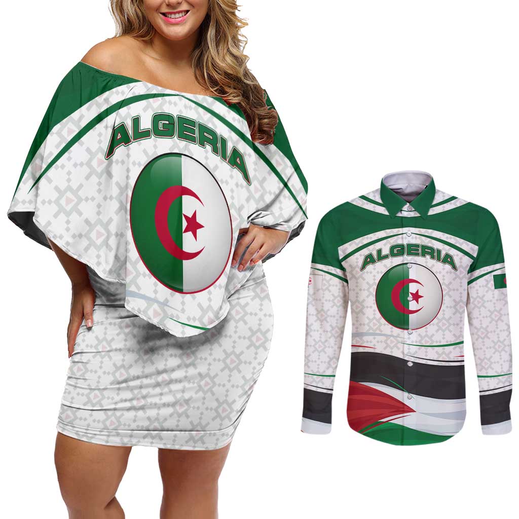 Algeria Couples Matching Off Shoulder Short Dress and Long Sleeve Button Shirt with National Flag and Coat of Arms Crest Design