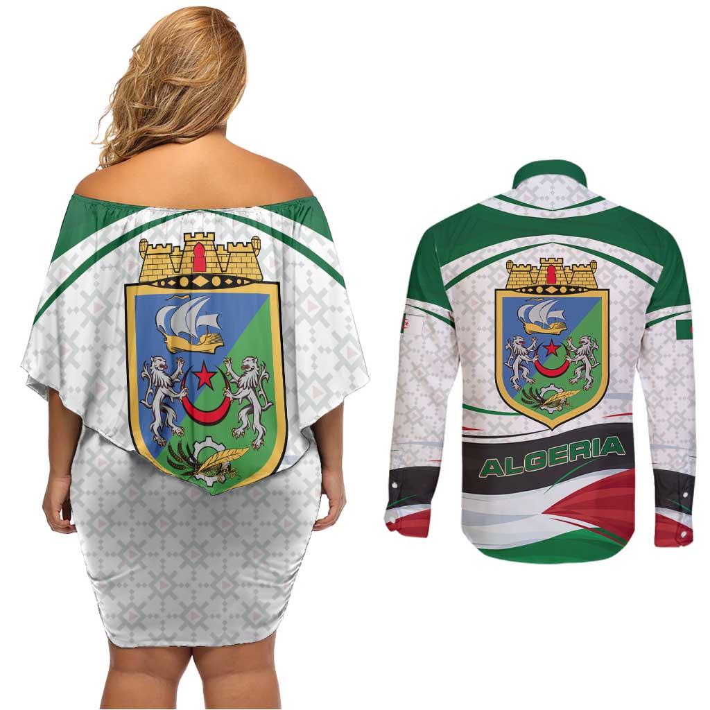 Algeria Couples Matching Off Shoulder Short Dress and Long Sleeve Button Shirt with National Flag and Coat of Arms Crest Design