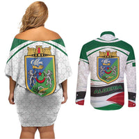 Algeria Couples Matching Off Shoulder Short Dress and Long Sleeve Button Shirt with National Flag and Coat of Arms Crest Design