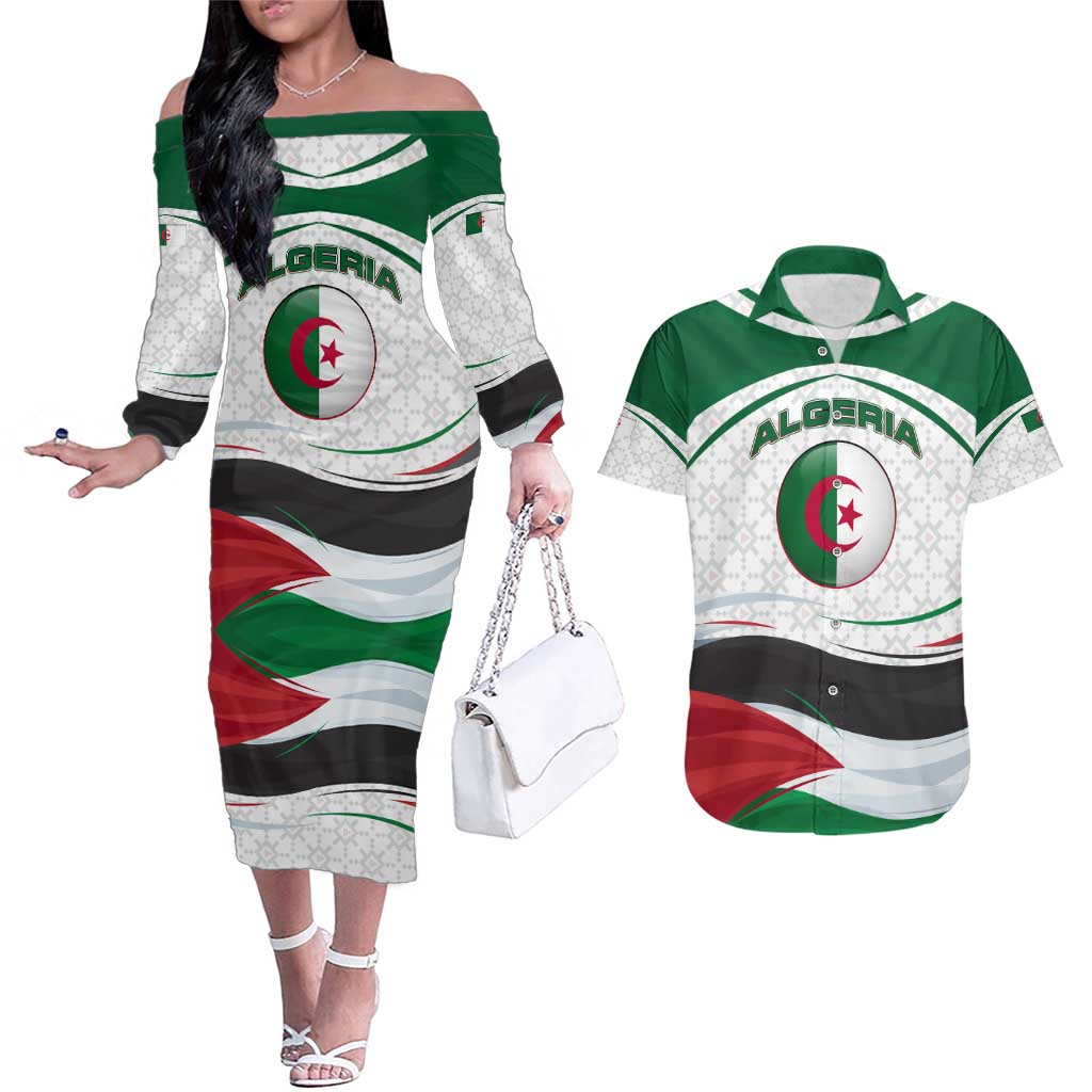 Algeria Couples Matching Off The Shoulder Long Sleeve Dress and Hawaiian Shirt with National Flag and Coat of Arms Crest Design