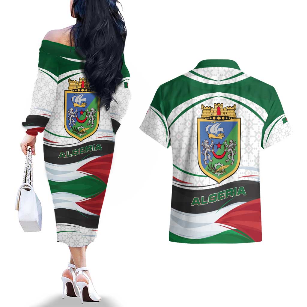 Algeria Couples Matching Off The Shoulder Long Sleeve Dress and Hawaiian Shirt with National Flag and Coat of Arms Crest Design