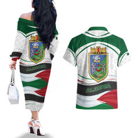 Algeria Couples Matching Off The Shoulder Long Sleeve Dress and Hawaiian Shirt with National Flag and Coat of Arms Crest Design