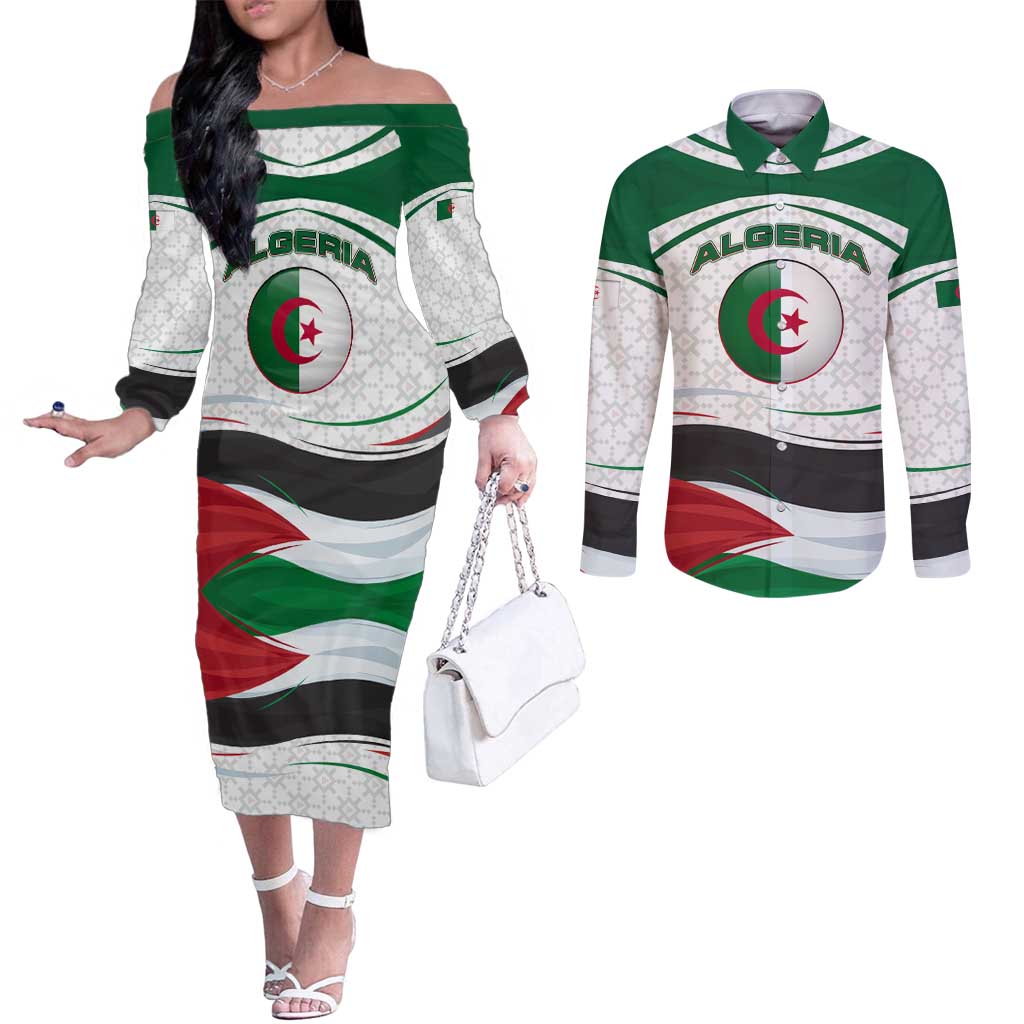 Algeria Couples Matching Off The Shoulder Long Sleeve Dress and Long Sleeve Button Shirt with National Flag and Coat of Arms Crest Design