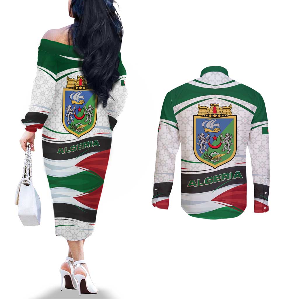 Algeria Couples Matching Off The Shoulder Long Sleeve Dress and Long Sleeve Button Shirt with National Flag and Coat of Arms Crest Design