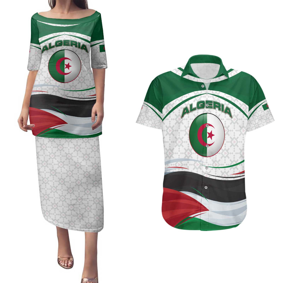 Algeria Couples Matching Puletasi and Hawaiian Shirt with National Flag and Coat of Arms Crest Design