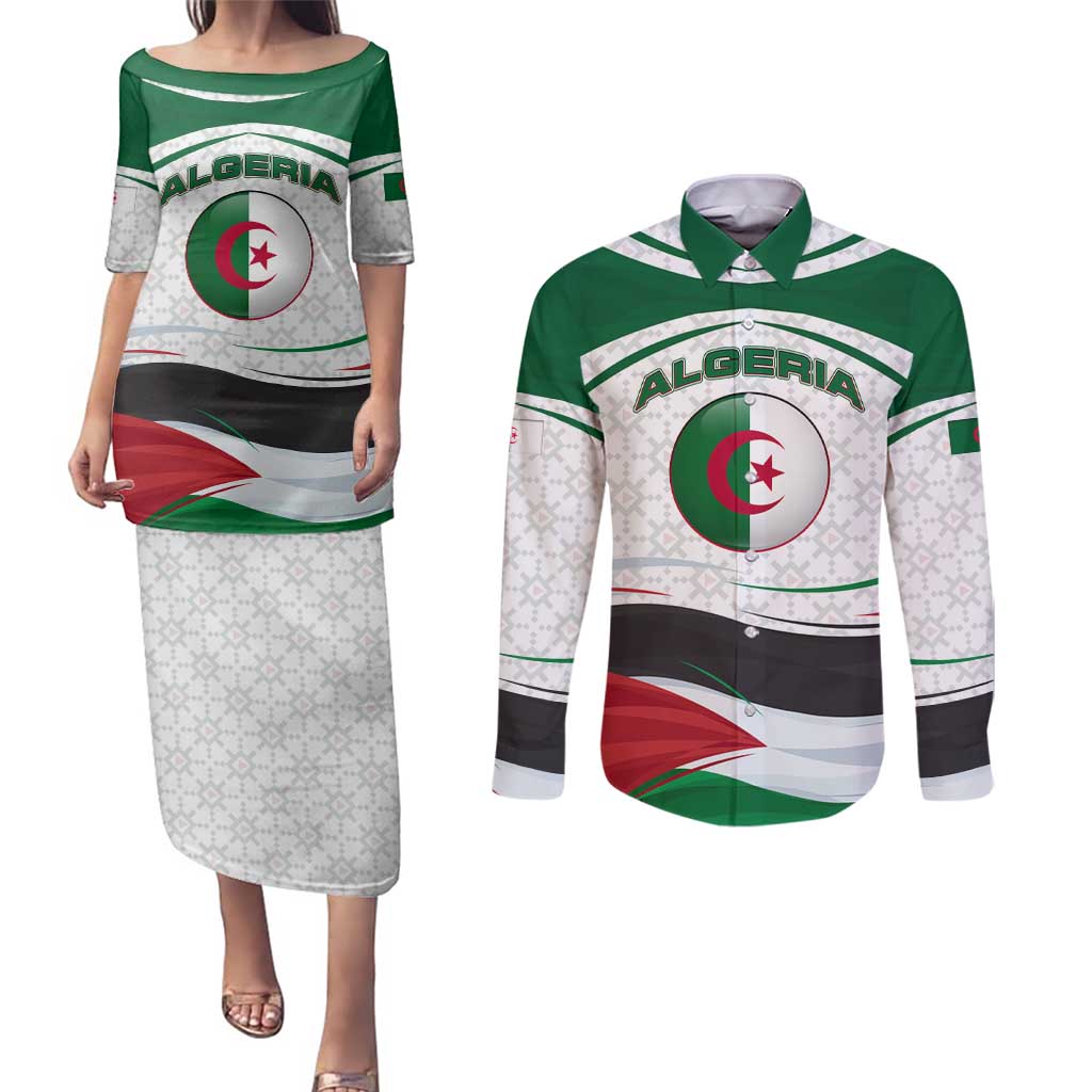 Algeria Couples Matching Puletasi and Long Sleeve Button Shirt with National Flag and Coat of Arms Crest Design
