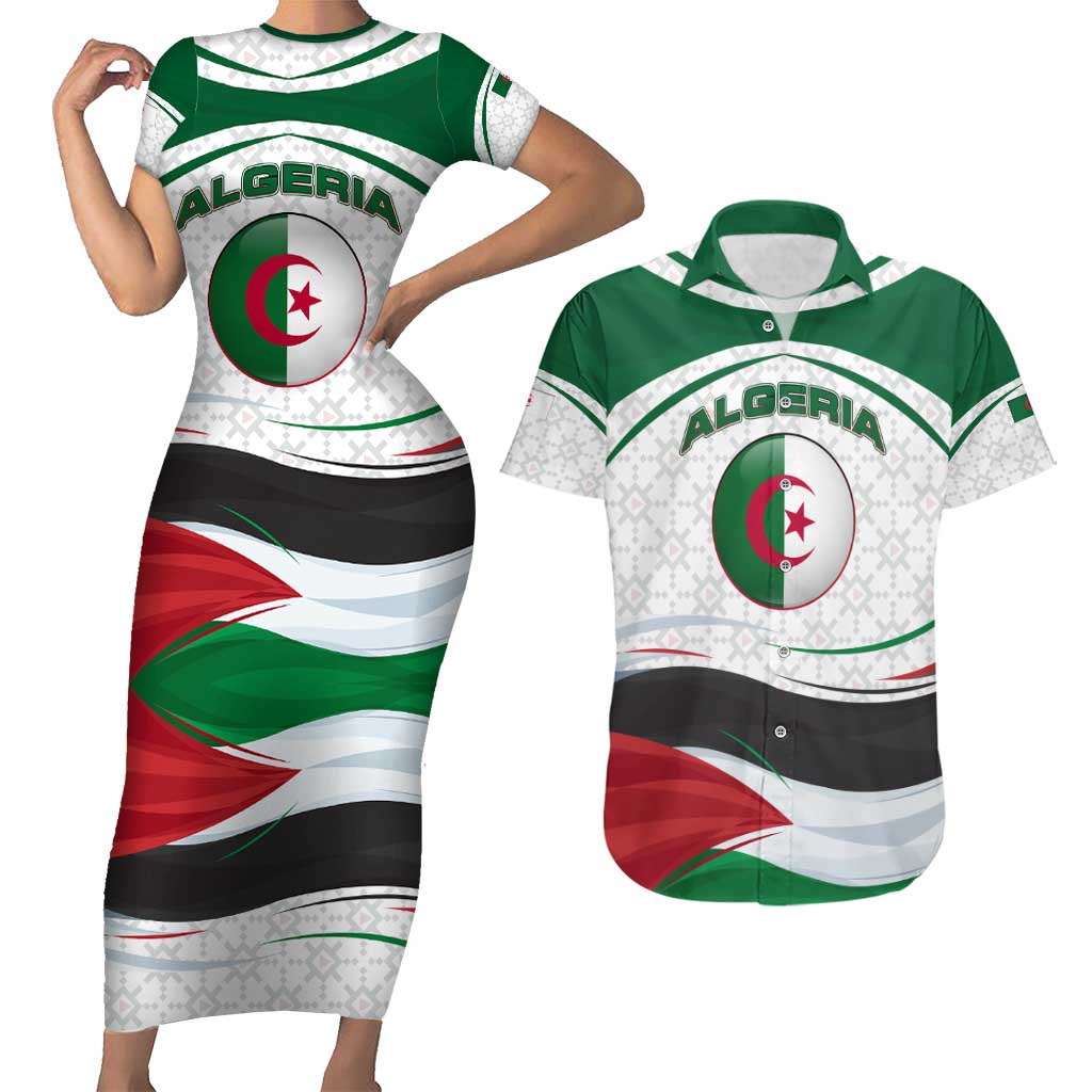 Algeria Couples Matching Short Sleeve Bodycon Dress and Hawaiian Shirt with National Flag and Coat of Arms Crest Design