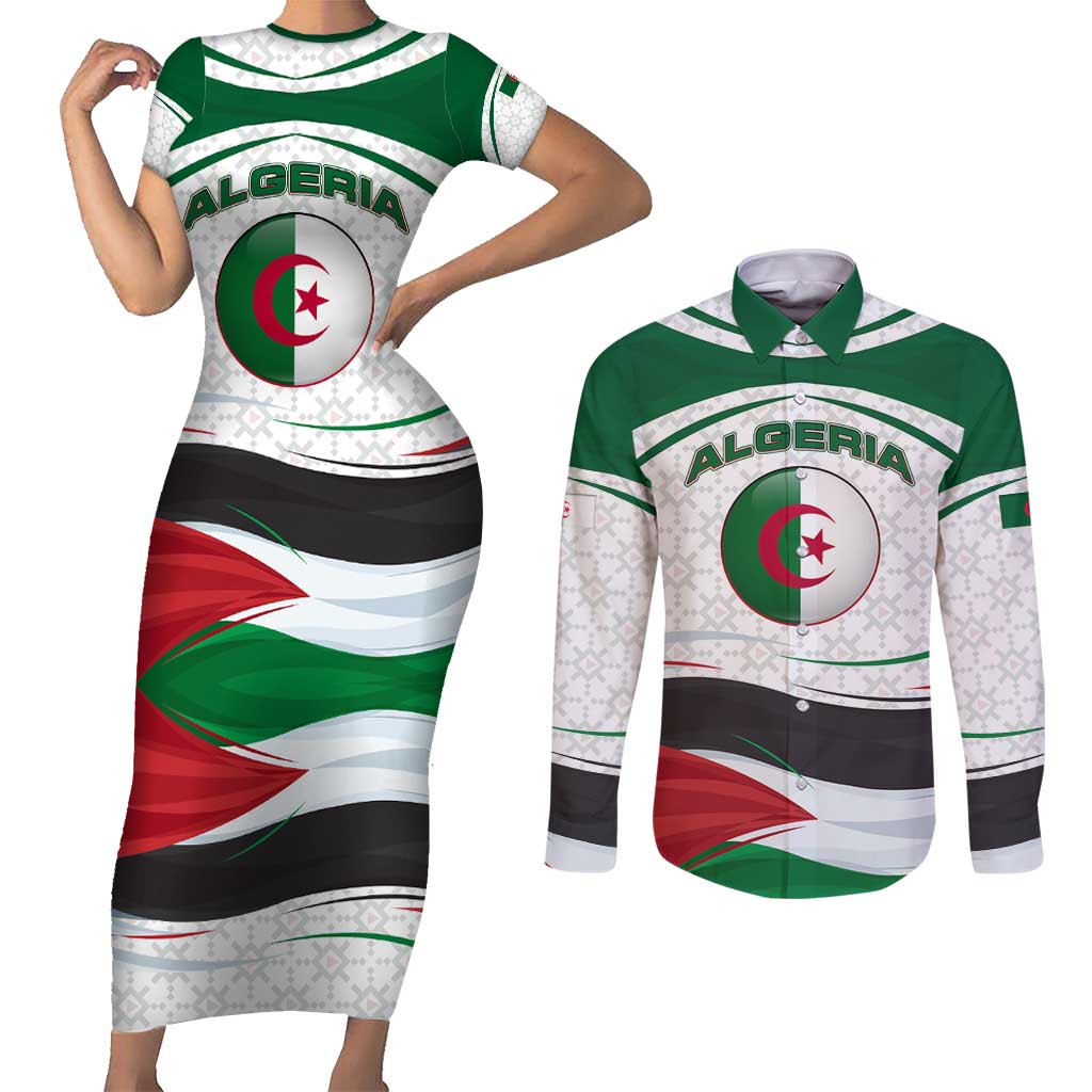 Algeria Couples Matching Short Sleeve Bodycon Dress and Long Sleeve Button Shirt with National Flag and Coat of Arms Crest Design