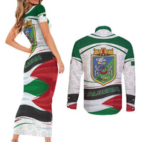 Algeria Couples Matching Short Sleeve Bodycon Dress and Long Sleeve Button Shirt with National Flag and Coat of Arms Crest Design