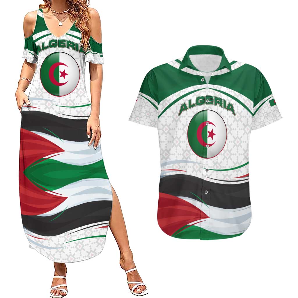 Algeria Couples Matching Summer Maxi Dress and Hawaiian Shirt with National Flag and Coat of Arms Crest Design