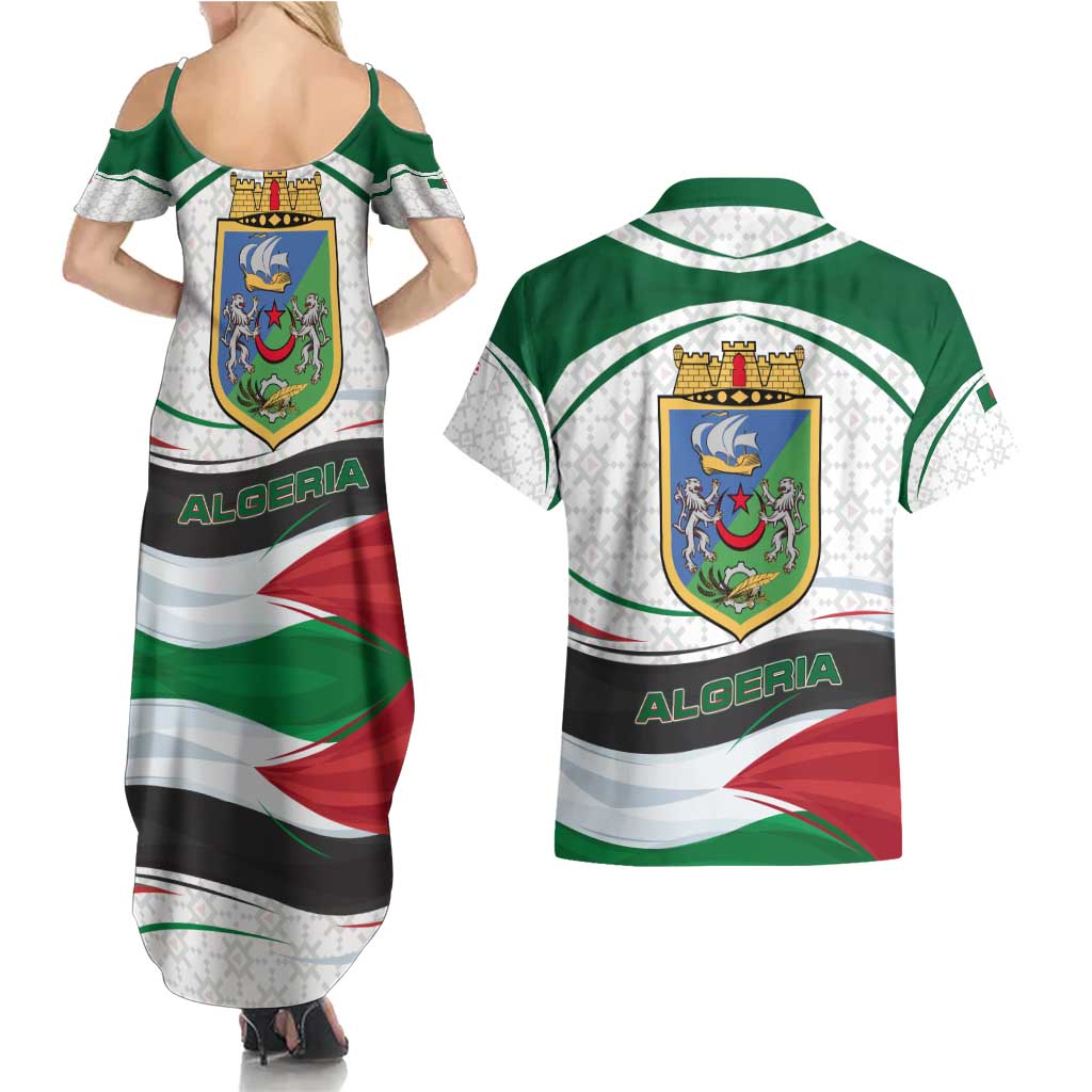 Algeria Couples Matching Summer Maxi Dress and Hawaiian Shirt with National Flag and Coat of Arms Crest Design