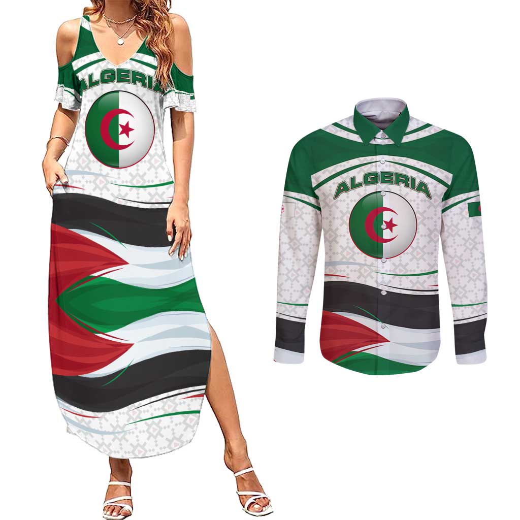 Algeria Couples Matching Summer Maxi Dress and Long Sleeve Button Shirt with National Flag and Coat of Arms Crest Design