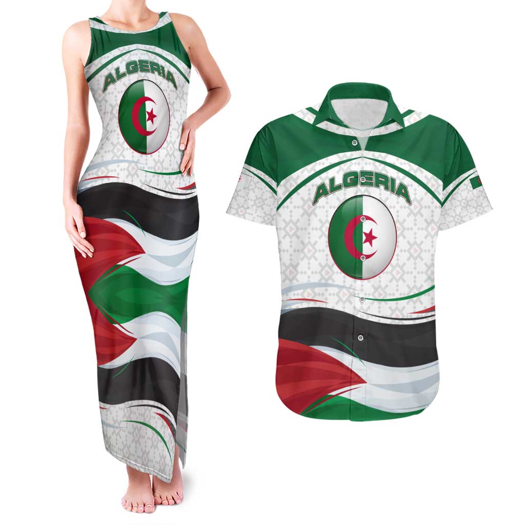 Algeria Couples Matching Tank Maxi Dress and Hawaiian Shirt with National Flag and Coat of Arms Crest Design