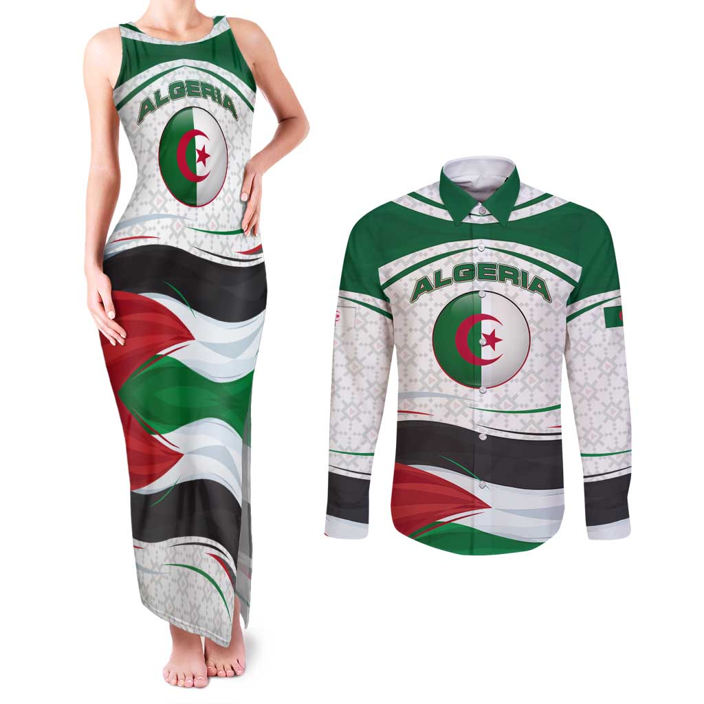 Algeria Couples Matching Tank Maxi Dress and Long Sleeve Button Shirt with National Flag and Coat of Arms Crest Design