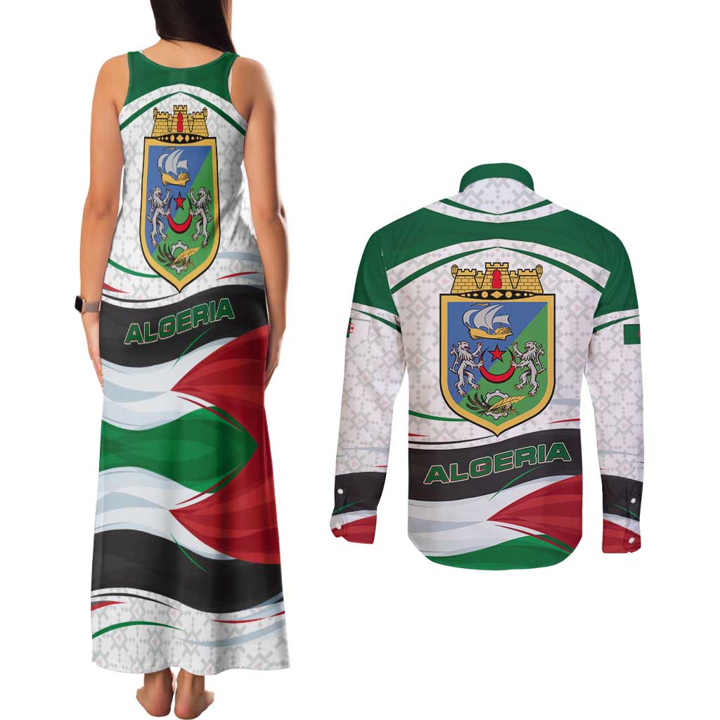 Algeria Couples Matching Tank Maxi Dress and Long Sleeve Button Shirt with National Flag and Coat of Arms Crest Design