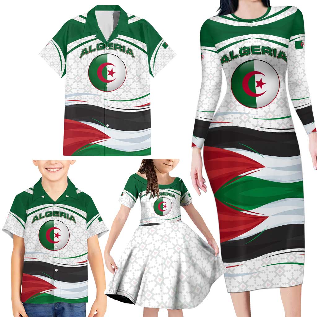Algeria Family Matching Long Sleeve Bodycon Dress and Hawaiian Shirt with National Flag and Coat of Arms Crest Design