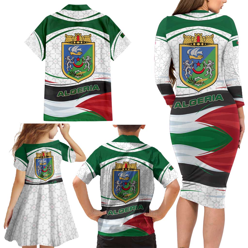 Algeria Family Matching Long Sleeve Bodycon Dress and Hawaiian Shirt with National Flag and Coat of Arms Crest Design