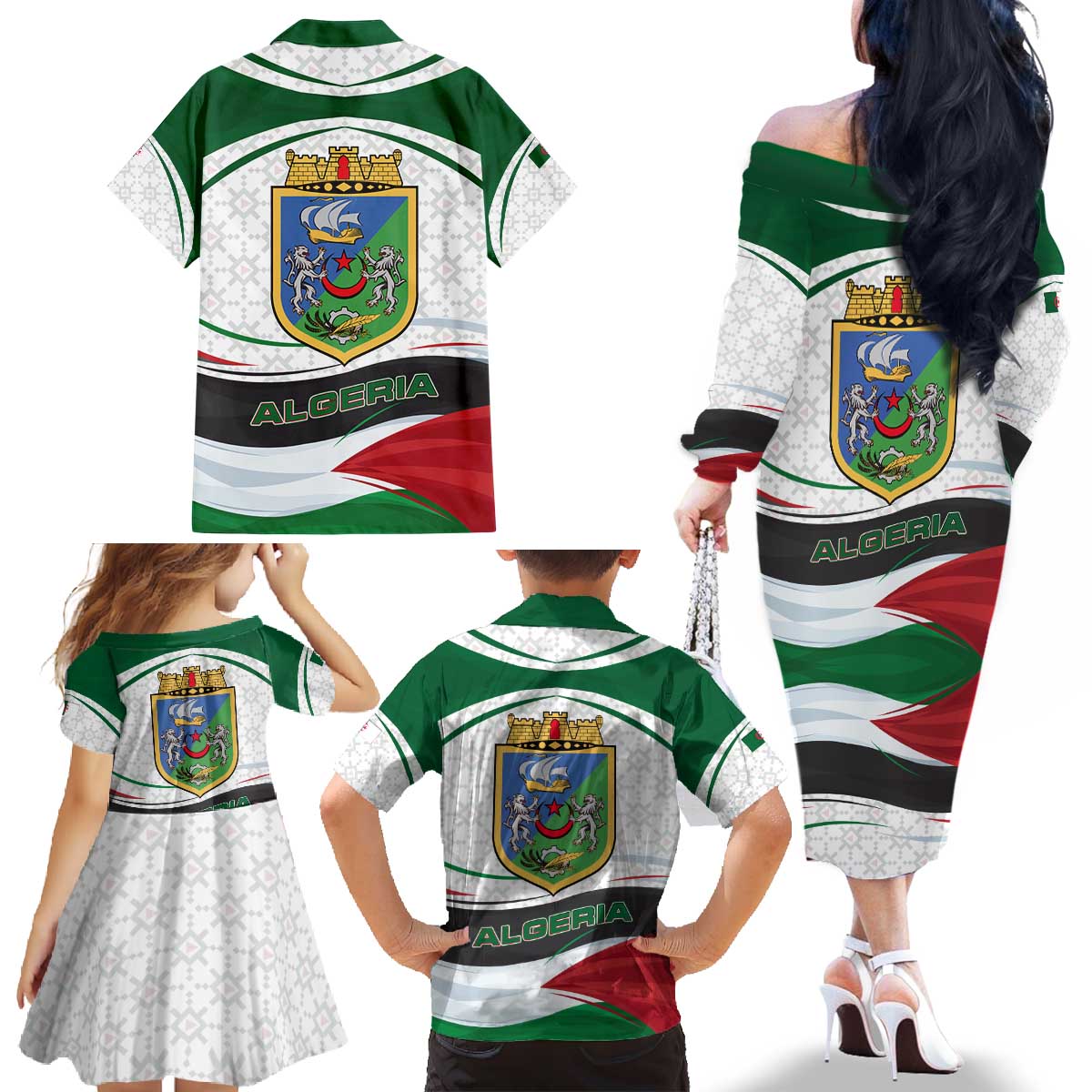 Algeria Family Matching Off The Shoulder Long Sleeve Dress and Hawaiian Shirt with National Flag and Coat of Arms Crest Design