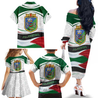 Algeria Family Matching Off The Shoulder Long Sleeve Dress and Hawaiian Shirt with National Flag and Coat of Arms Crest Design