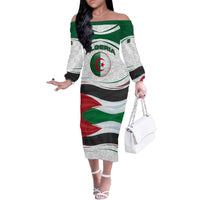Algeria Family Matching Off The Shoulder Long Sleeve Dress and Hawaiian Shirt with National Flag and Coat of Arms Crest Design