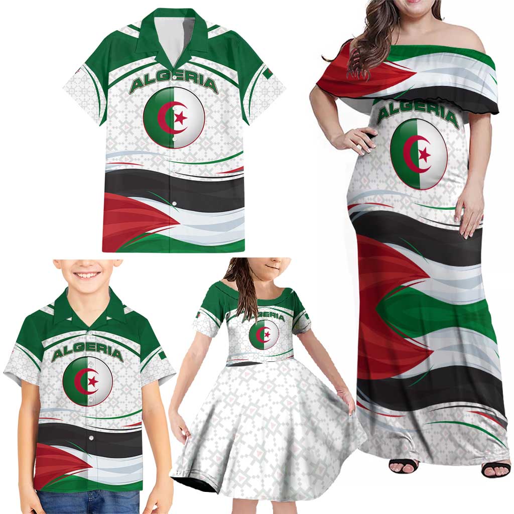Algeria Family Matching Off Shoulder Maxi Dress and Hawaiian Shirt with National Flag and Coat of Arms Crest Design
