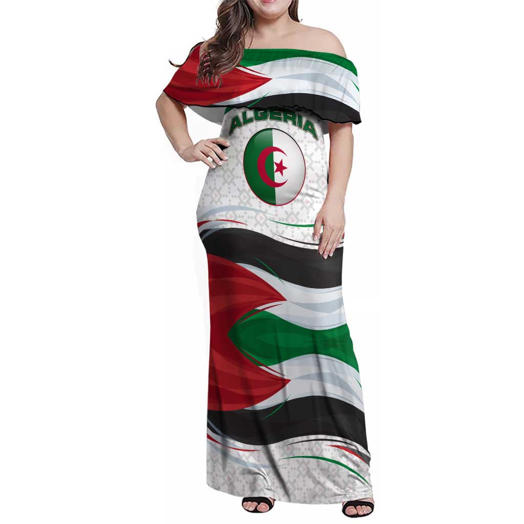 Algeria Family Matching Off Shoulder Maxi Dress and Hawaiian Shirt with National Flag and Coat of Arms Crest Design