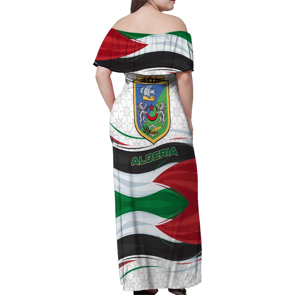 Algeria Family Matching Off Shoulder Maxi Dress and Hawaiian Shirt with National Flag and Coat of Arms Crest Design