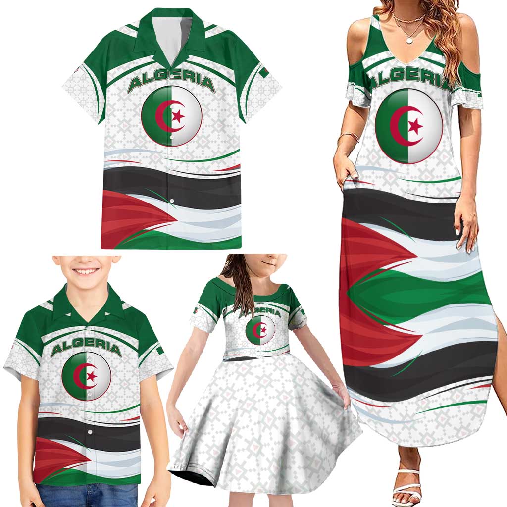 Algeria Family Matching Summer Maxi Dress and Hawaiian Shirt with National Flag and Coat of Arms Crest Design