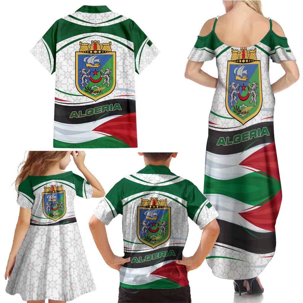 Algeria Family Matching Summer Maxi Dress and Hawaiian Shirt with National Flag and Coat of Arms Crest Design