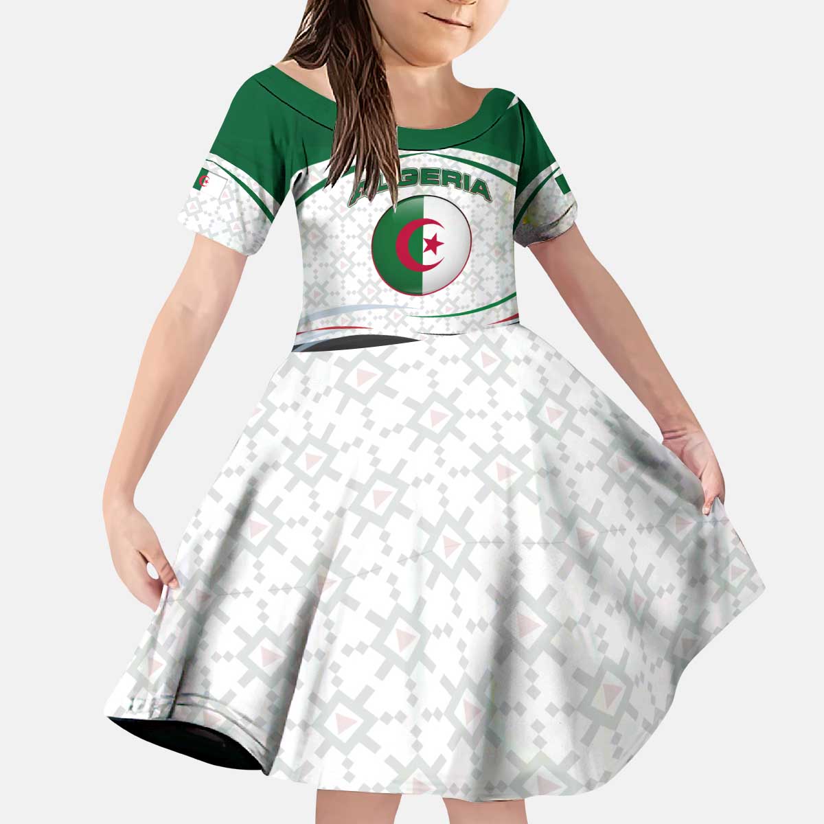 Algeria Kid Short Sleeve Dress with National Flag and Coat of Arms Crest Design