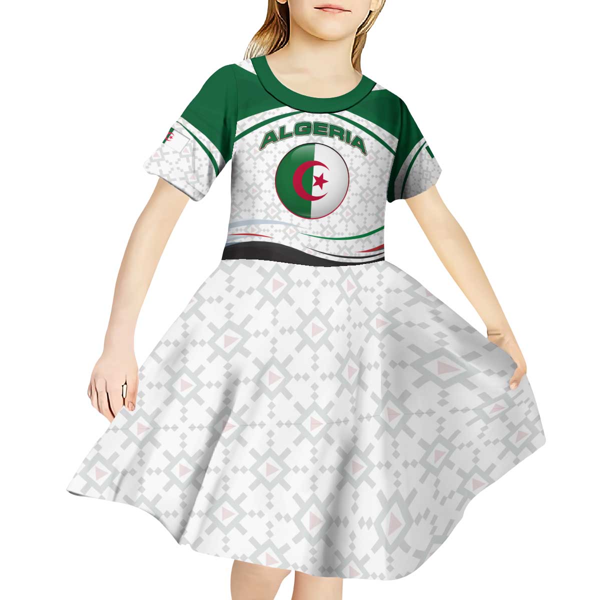 Algeria Kid Short Sleeve Dress with National Flag and Coat of Arms Crest Design