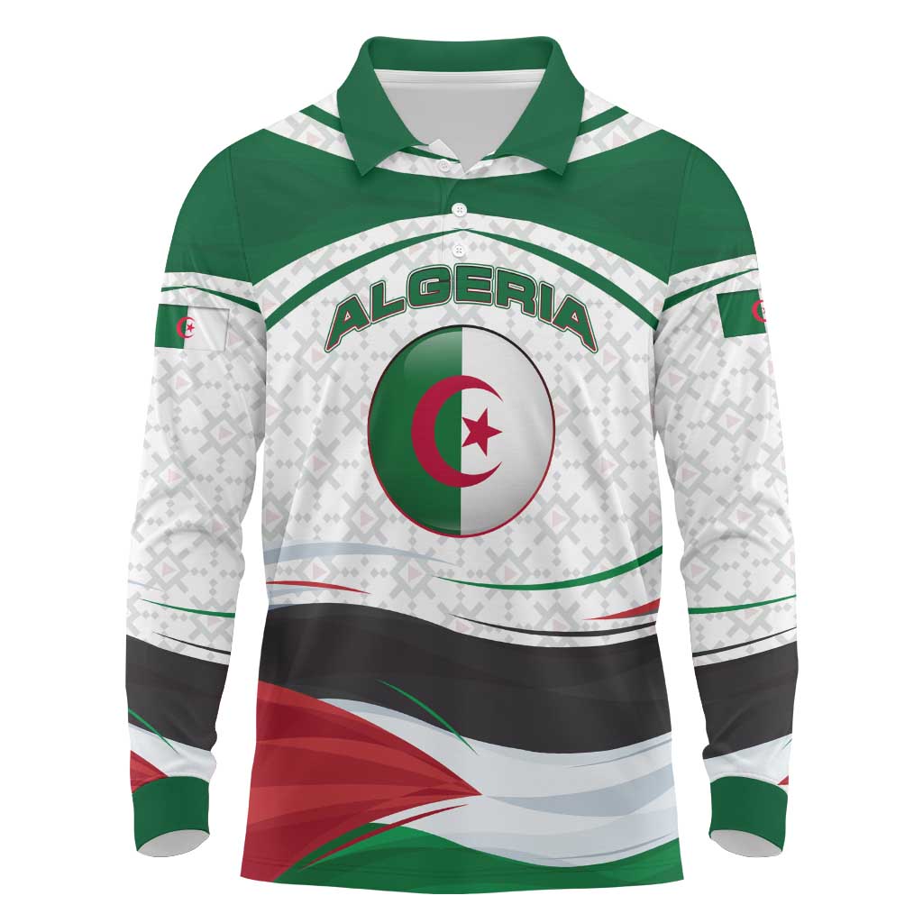 Algeria Long Sleeve Polo Shirt with National Flag and Coat of Arms Crest Design