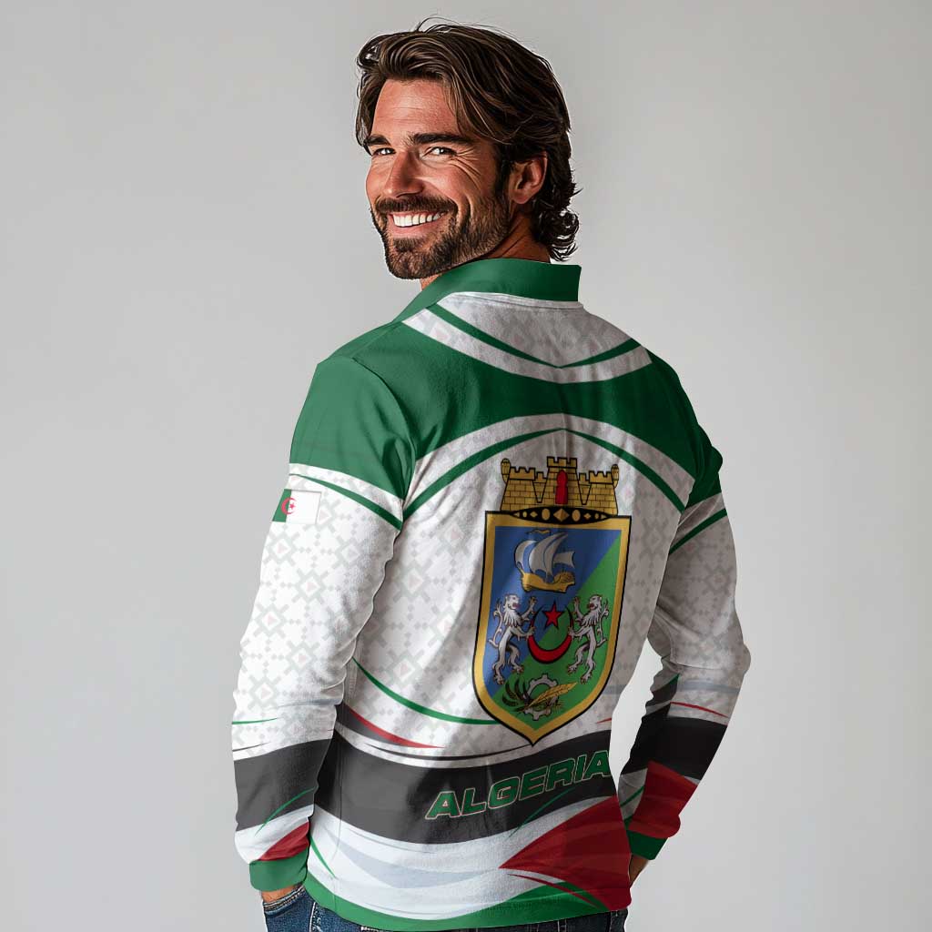 Algeria Long Sleeve Polo Shirt with National Flag and Coat of Arms Crest Design
