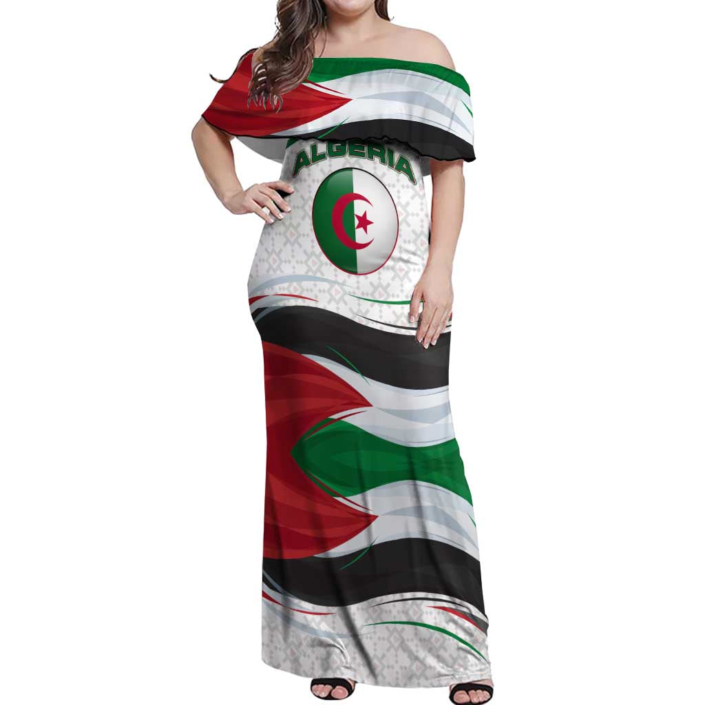 Algeria Off Shoulder Maxi Dress with National Flag and Coat of Arms Crest Design