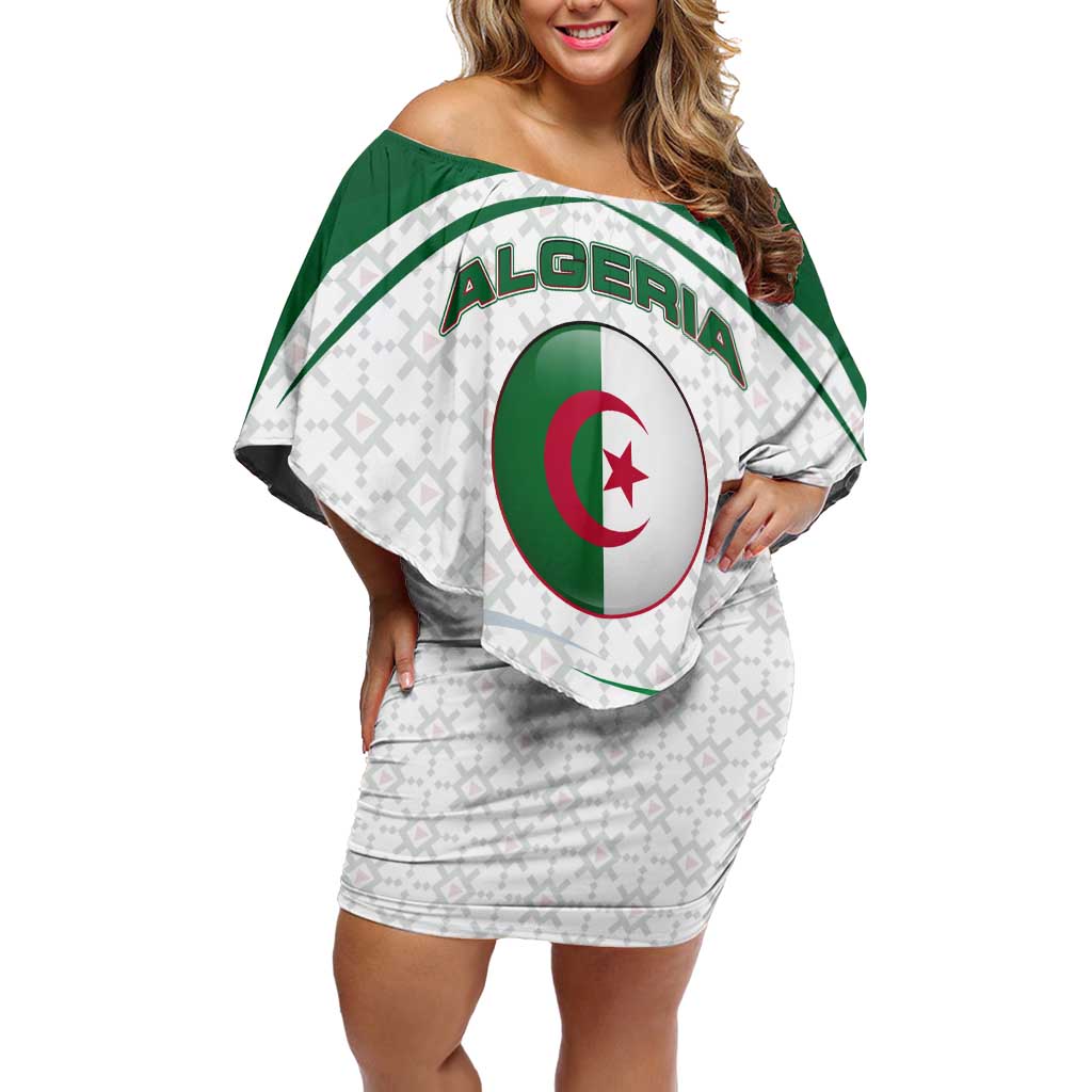 Algeria Off Shoulder Short Dress with National Flag and Coat of Arms Crest Design