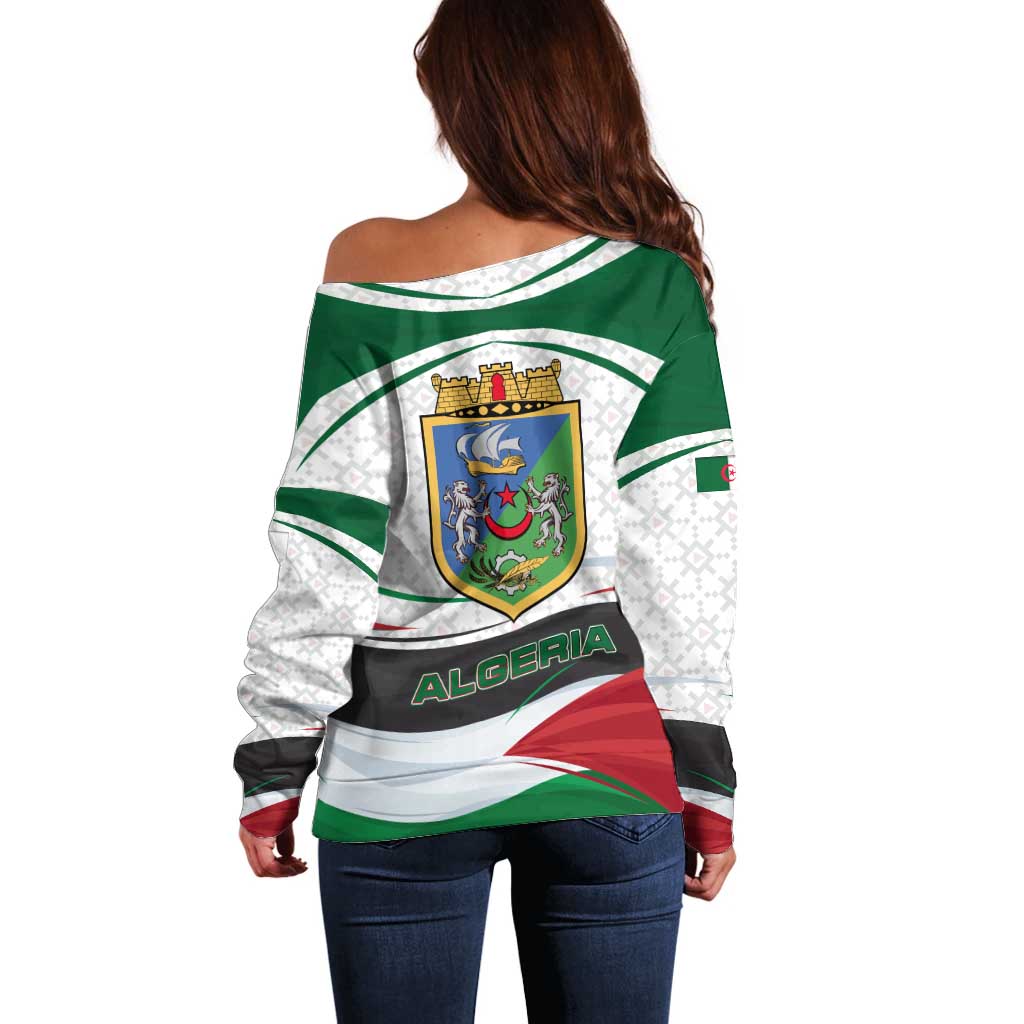 Algeria Off Shoulder Sweater with National Flag and Coat of Arms Crest Design