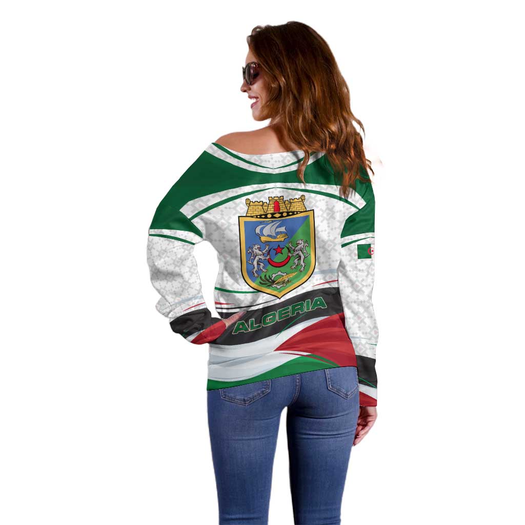 Algeria Off Shoulder Sweater with National Flag and Coat of Arms Crest Design