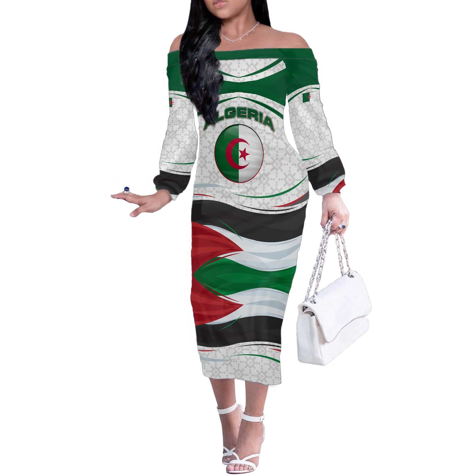 Algeria Off The Shoulder Long Sleeve Dress with National Flag and Coat of Arms Crest Design