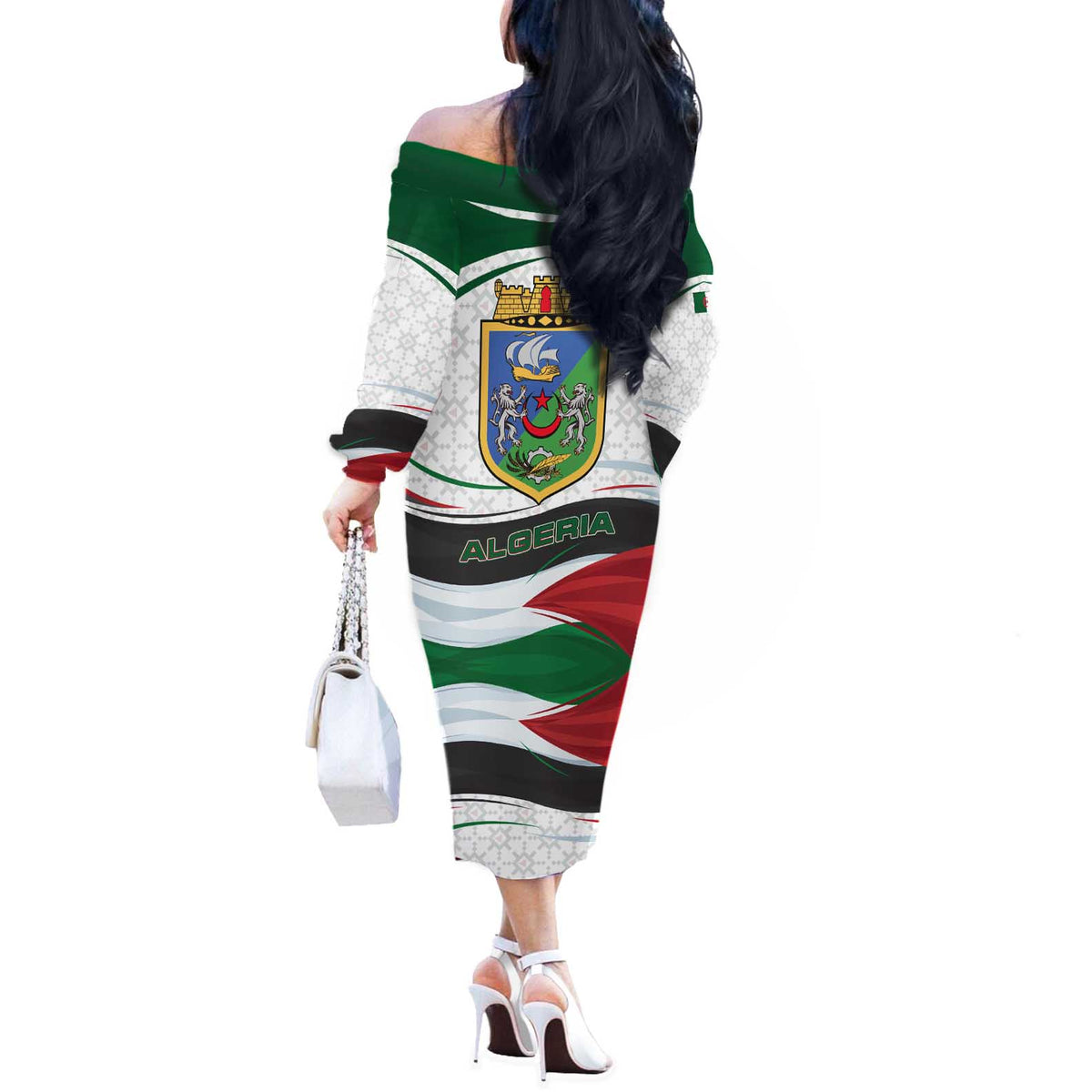 Algeria Off The Shoulder Long Sleeve Dress with National Flag and Coat of Arms Crest Design
