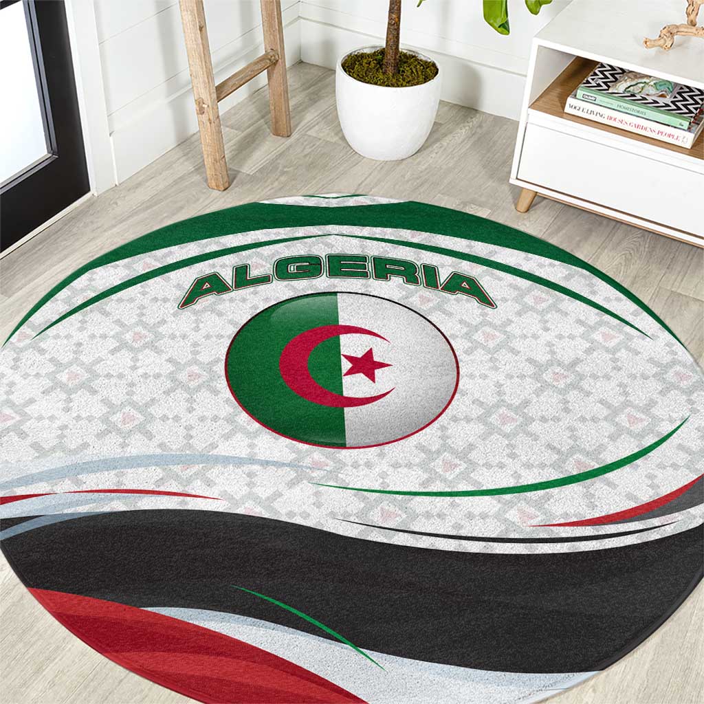 Algeria Round Carpet with National Flag and Coat of Arms Crest Design