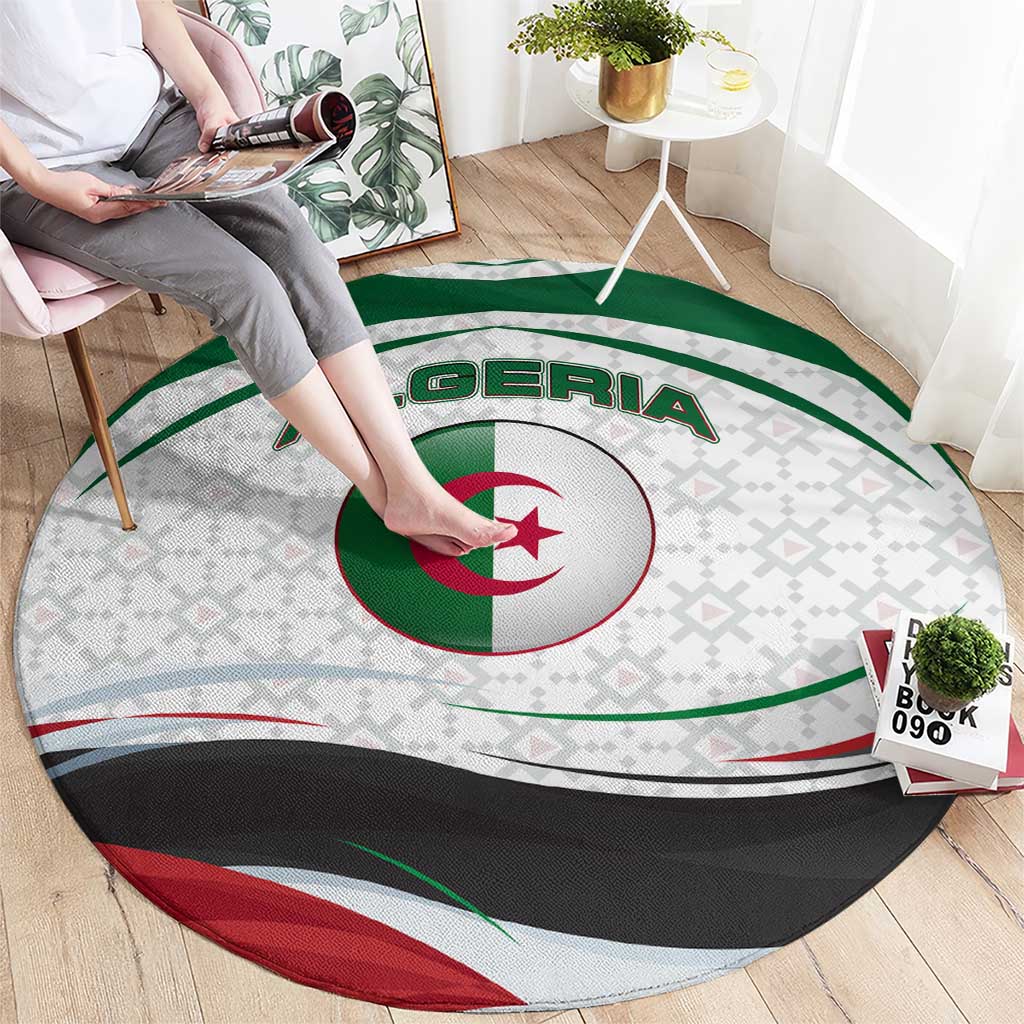 Algeria Round Carpet with National Flag and Coat of Arms Crest Design