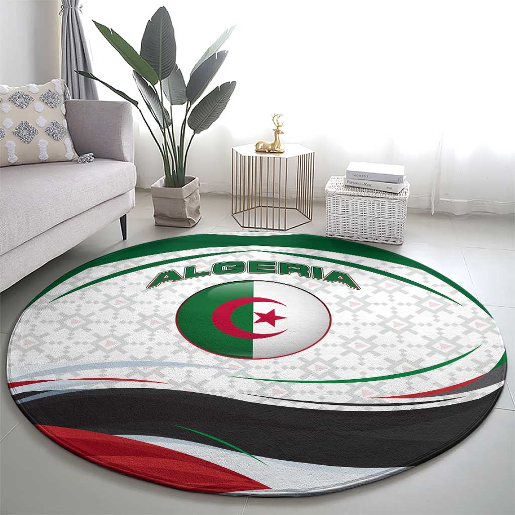 Algeria Round Carpet with National Flag and Coat of Arms Crest Design