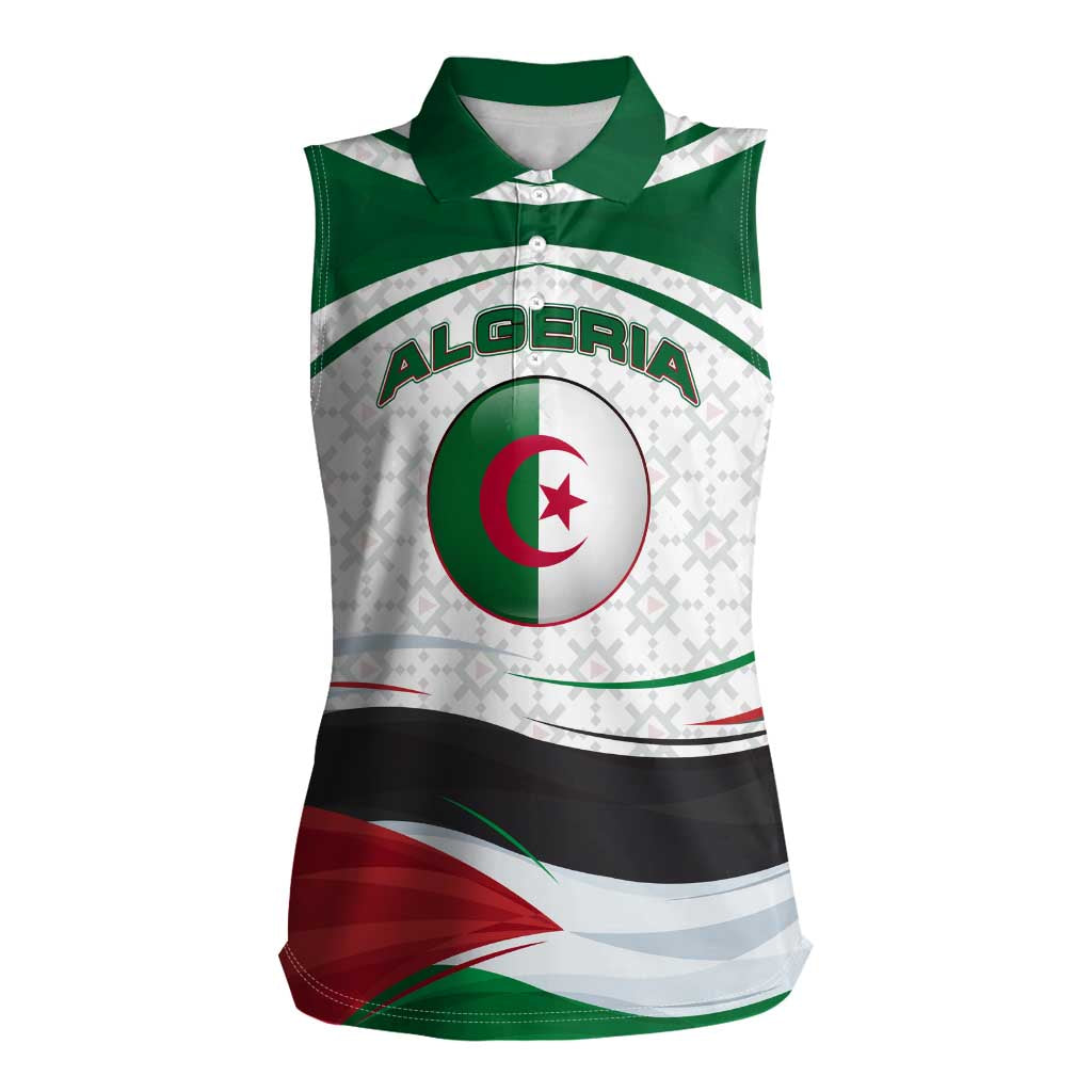 Algeria Women Sleeveless Polo Shirt with National Flag and Coat of Arms Crest Design