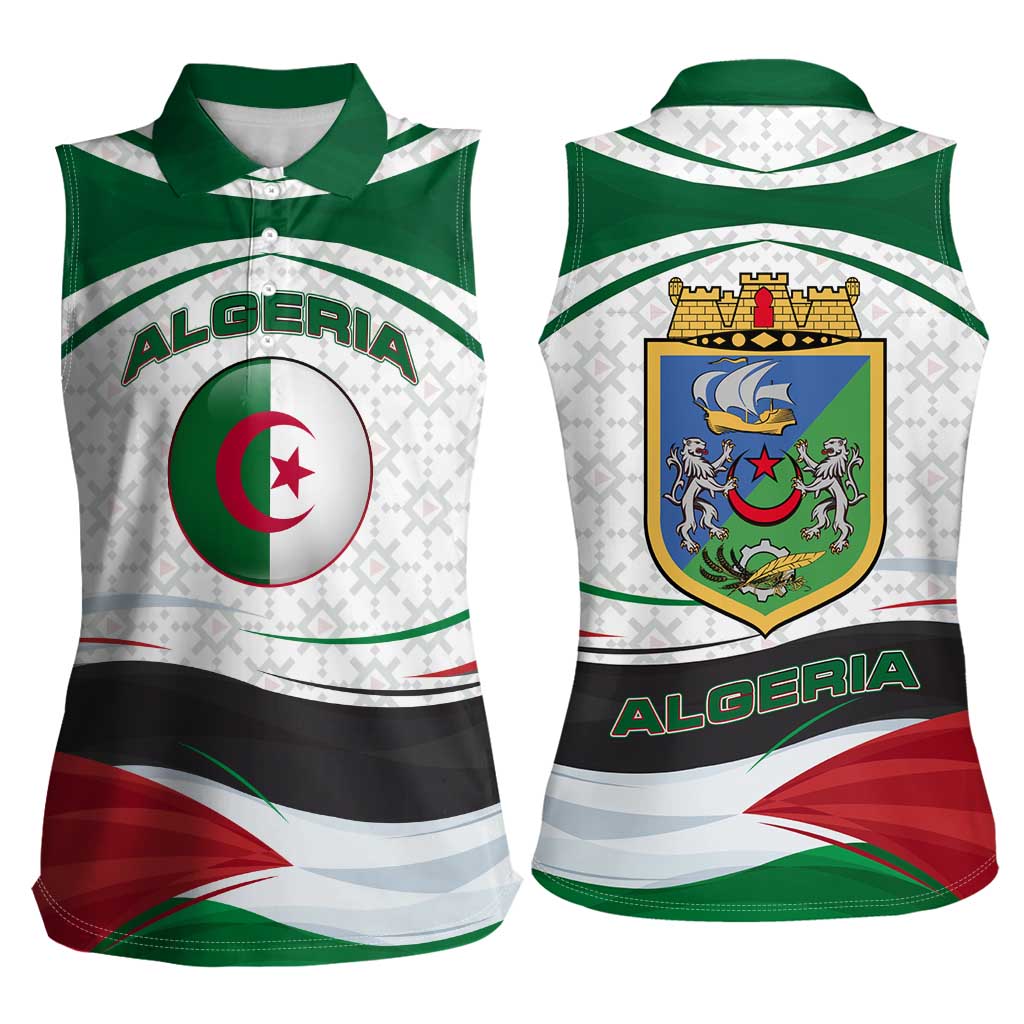 Algeria Women Sleeveless Polo Shirt with National Flag and Coat of Arms Crest Design