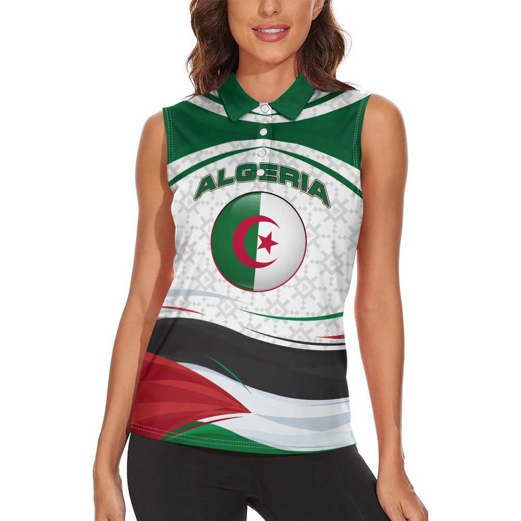 Algeria Women Sleeveless Polo Shirt with National Flag and Coat of Arms Crest Design