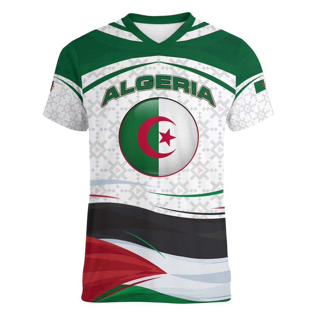 Algeria Women V-Neck T-Shirt with National Flag and Coat of Arms Crest Design